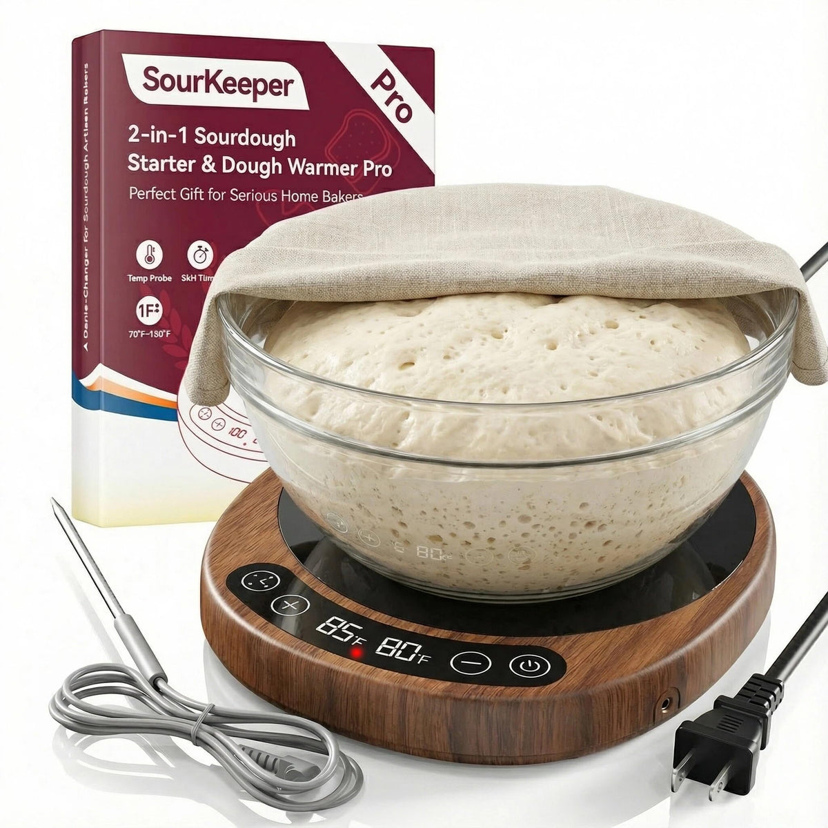 Pakusane SourKeeper dough probe shows real-time core temperature for precise proofing