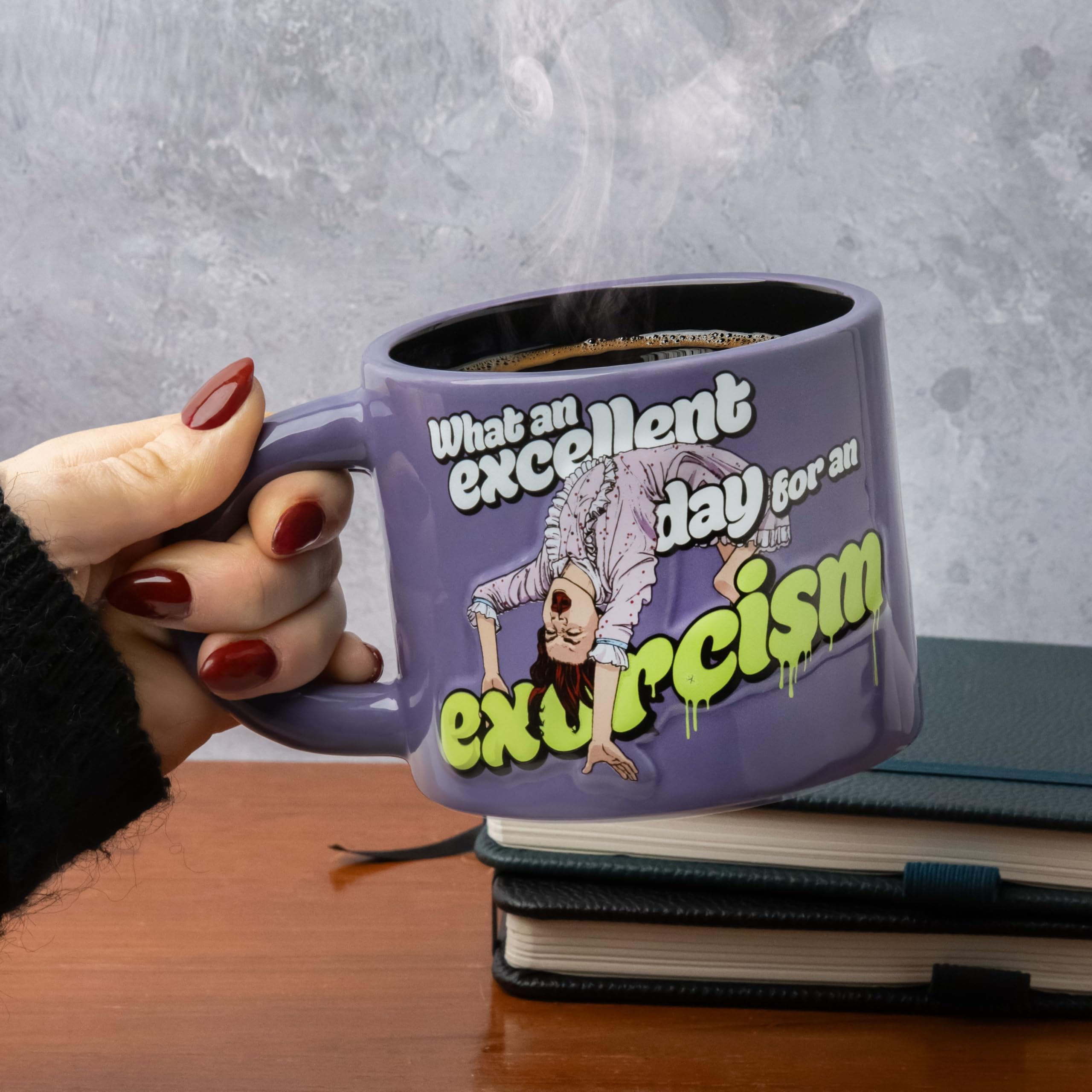 Not dishwasher or microwave safe, Paladone Exorcist mug for careful care.