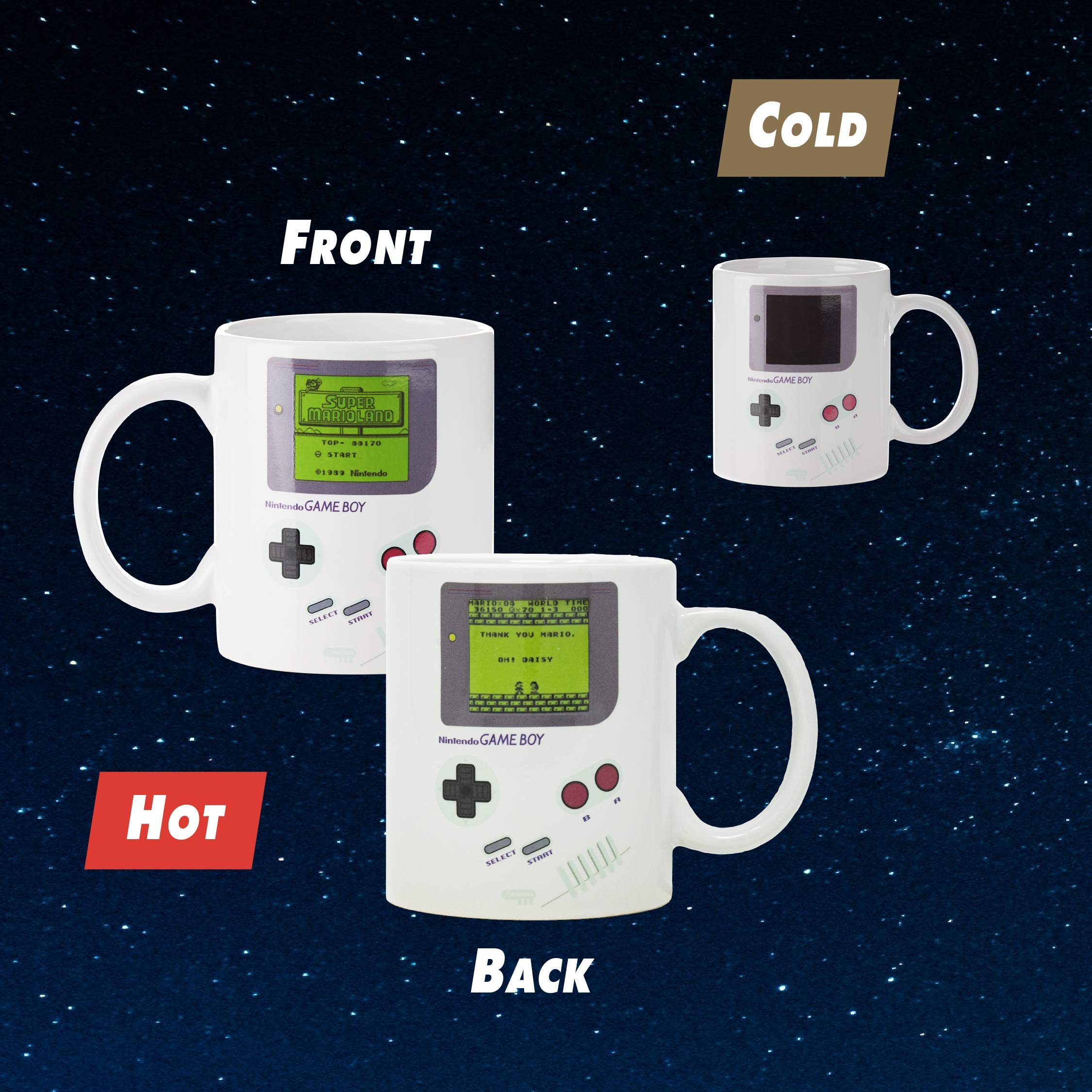 Paladone Game Boy mug shows changing screen with hot drink, perfect for caffeine-fueled sessions.