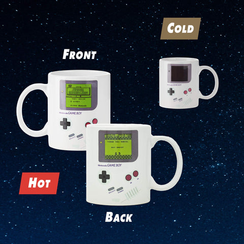 Paladone Game Boy mug shows changing screen with hot drink, perfect for caffeine-fueled sessions.