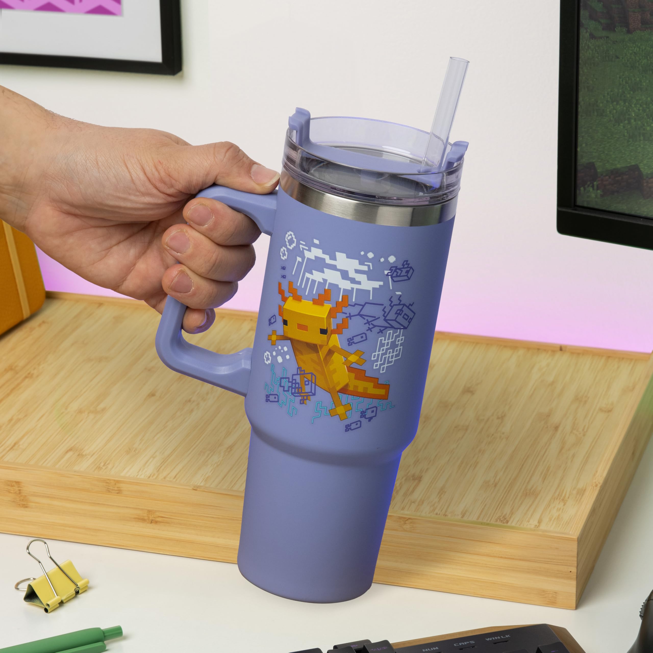 Paladone Minecraft Axolotl cup showing three lid options for versatile sipping