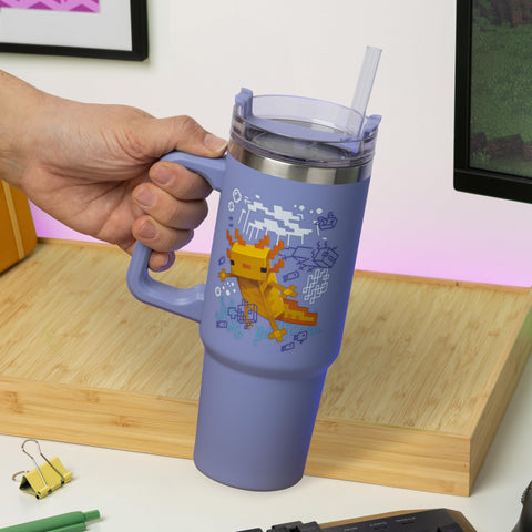 Paladone Minecraft Axolotl cup showing three lid options for versatile sipping