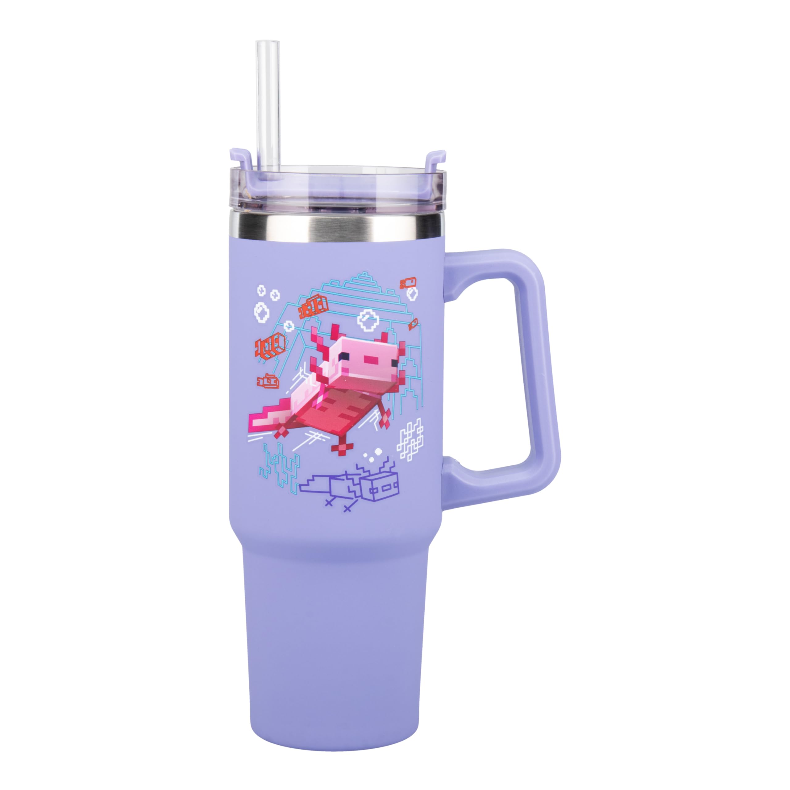 Paladone Minecraft Axolotl insulated travel cup with ergonomic handle, ideal for iced coffee