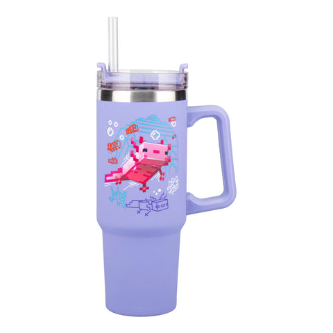 Paladone Minecraft Axolotl insulated travel cup with ergonomic handle, ideal for iced coffee