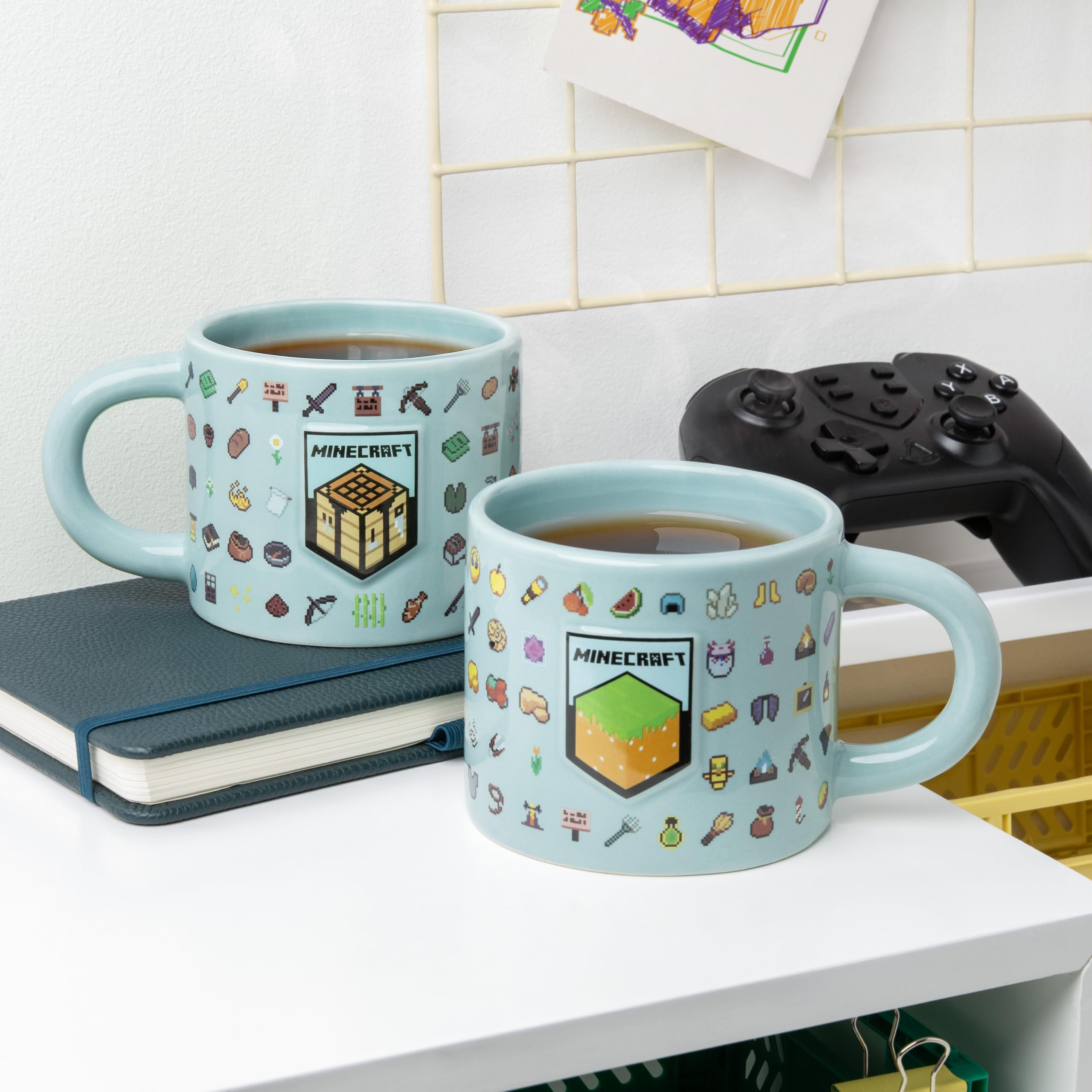 Paladone Minecraft mug showing embedded inventory items and tools for collectible appeal