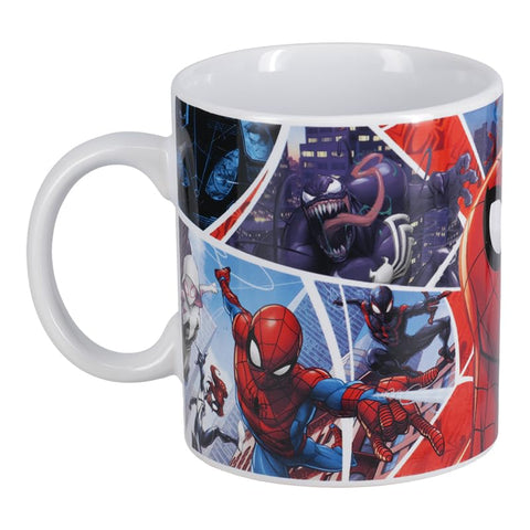 Paladone Spiderman mug in use with steam rising from a hot beverage.