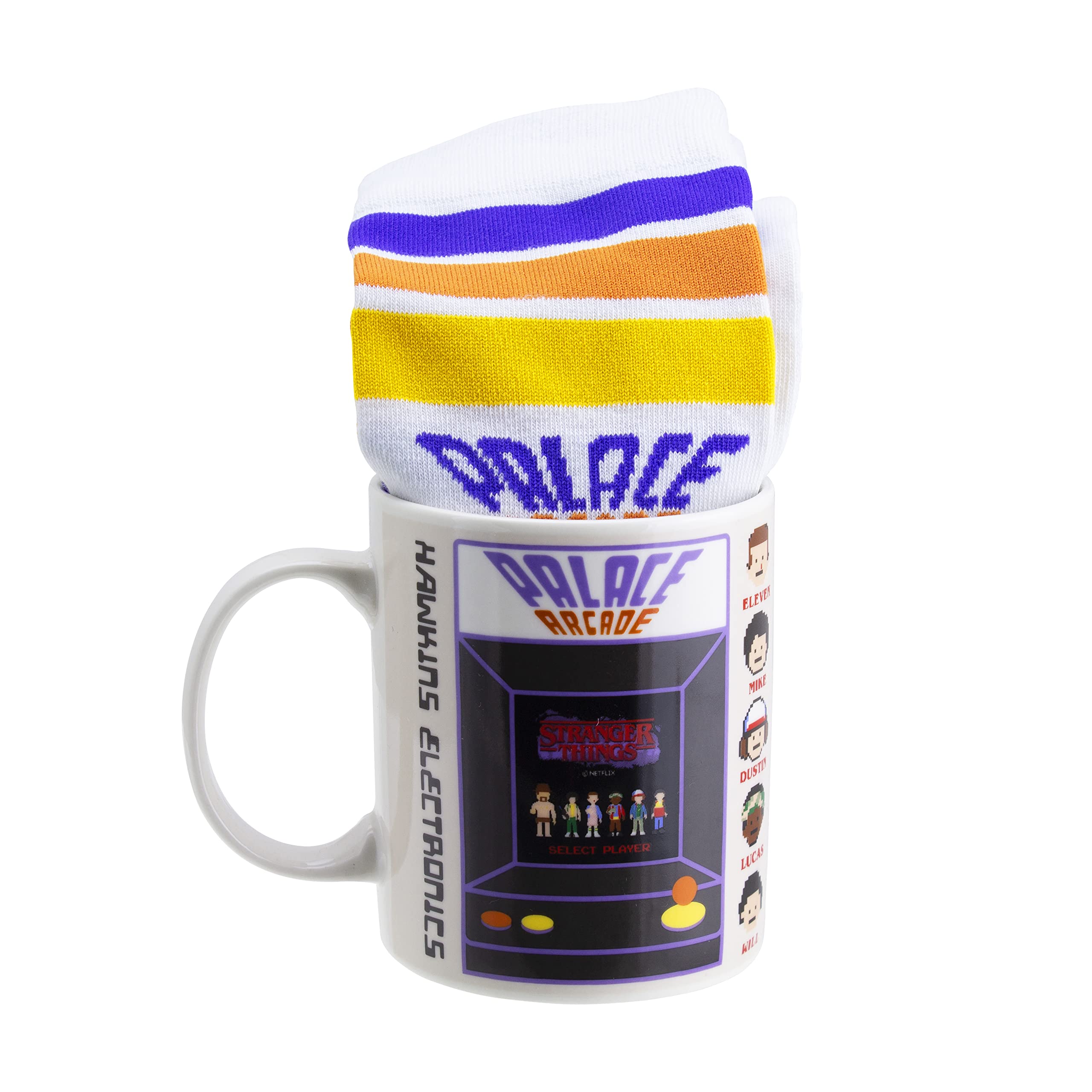 Paladone Stranger Things mug and sock gift set packaging, ready-to-gift presentation for fans.