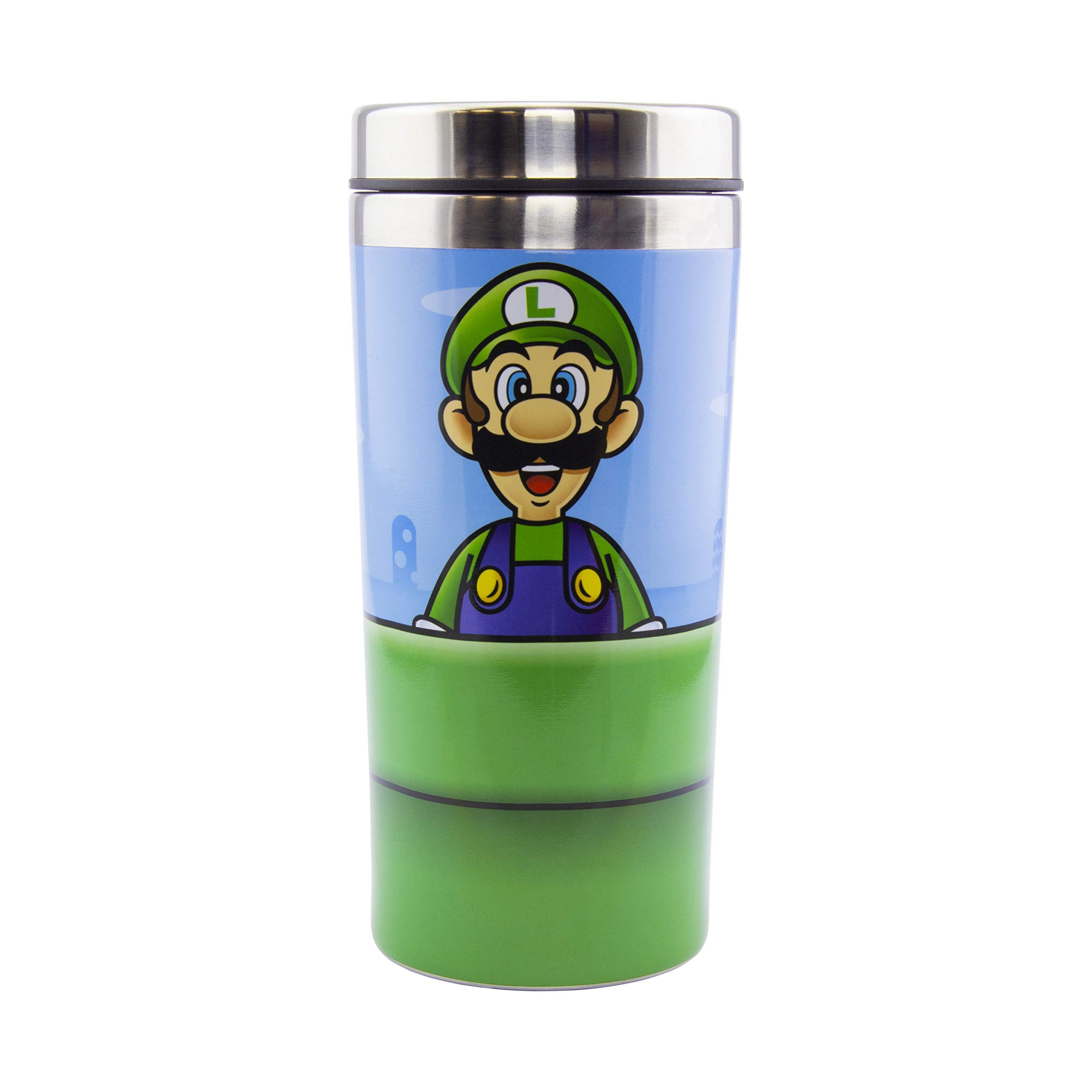 Paladone Super Mario Warp Pipe Travel Mug back view featuring Luigi artwork for fans.