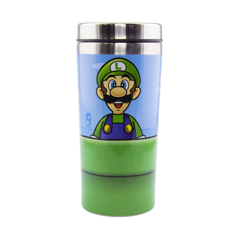Paladone Super Mario Warp Pipe Travel Mug back view featuring Luigi artwork for fans.