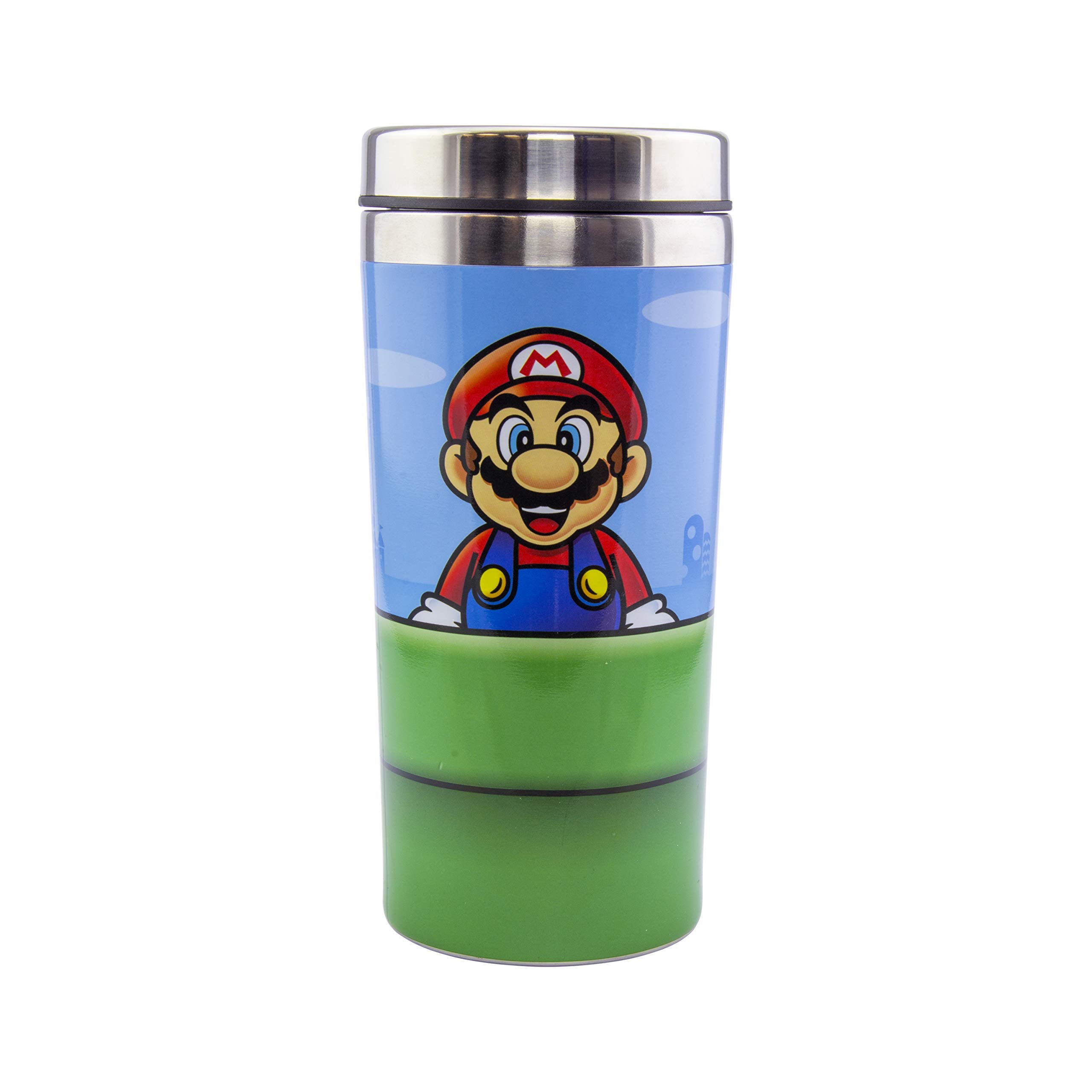 Paladone Super Mario Warp Pipe Travel Mug front view, ideal for hot coffee on the go.