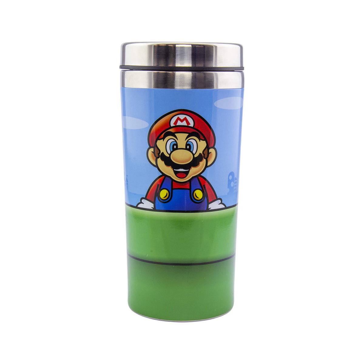 Paladone Super Mario Warp Pipe Travel Mug front view, ideal for hot coffee on the go.
