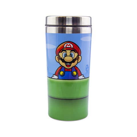 Paladone Super Mario Warp Pipe Travel Mug front view, ideal for hot coffee on the go.