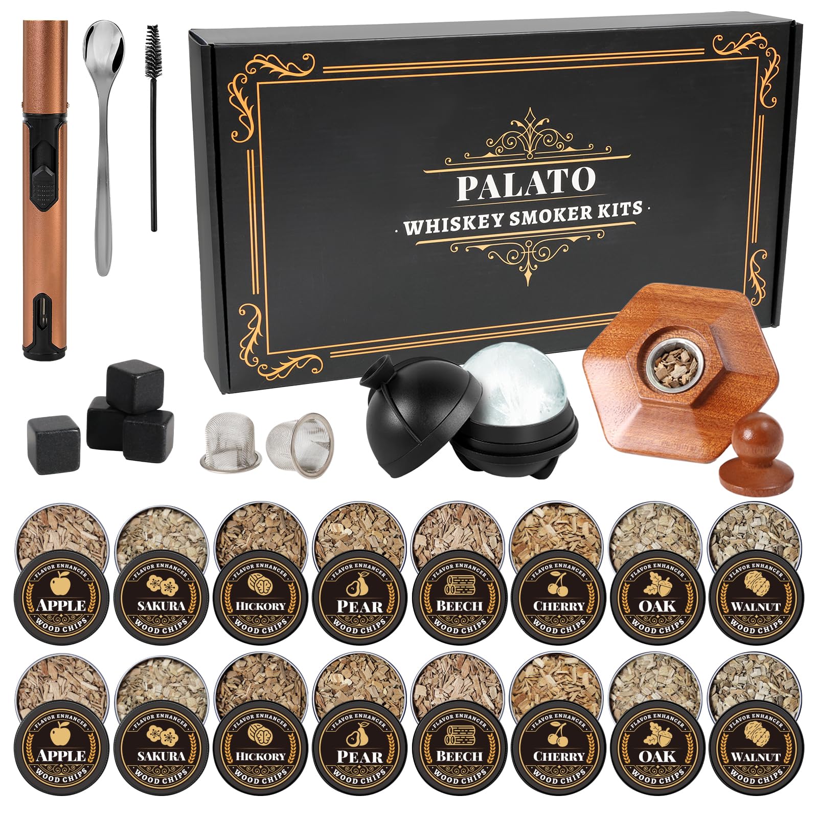 PALATO 27-piece whiskey smoker kit contents laid out for home bartending use