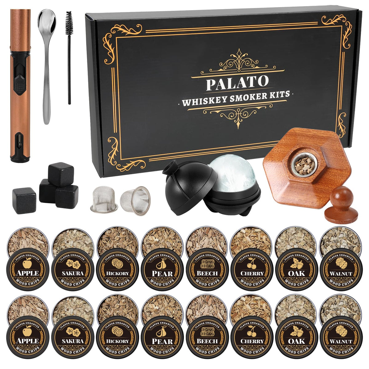 PALATO 27-piece whiskey smoker kit contents laid out for home bartending use