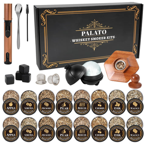 PALATO 27-piece whiskey smoker kit contents laid out for home bartending use