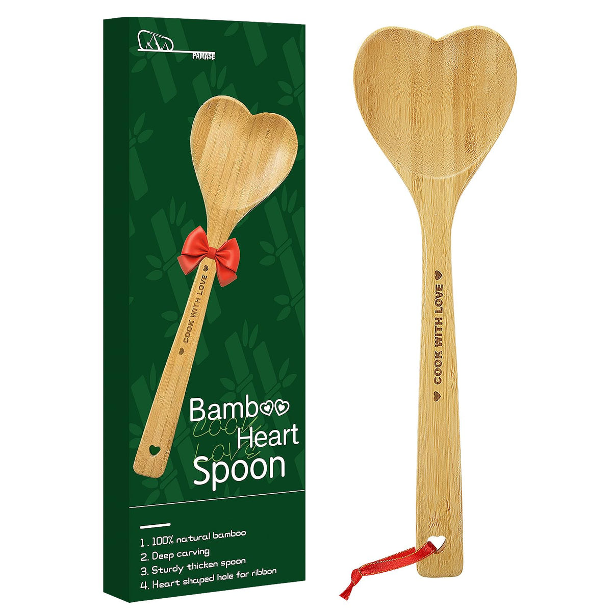 PAMASE bamboo heart spoon for cooking, lightweight and heat resistant.