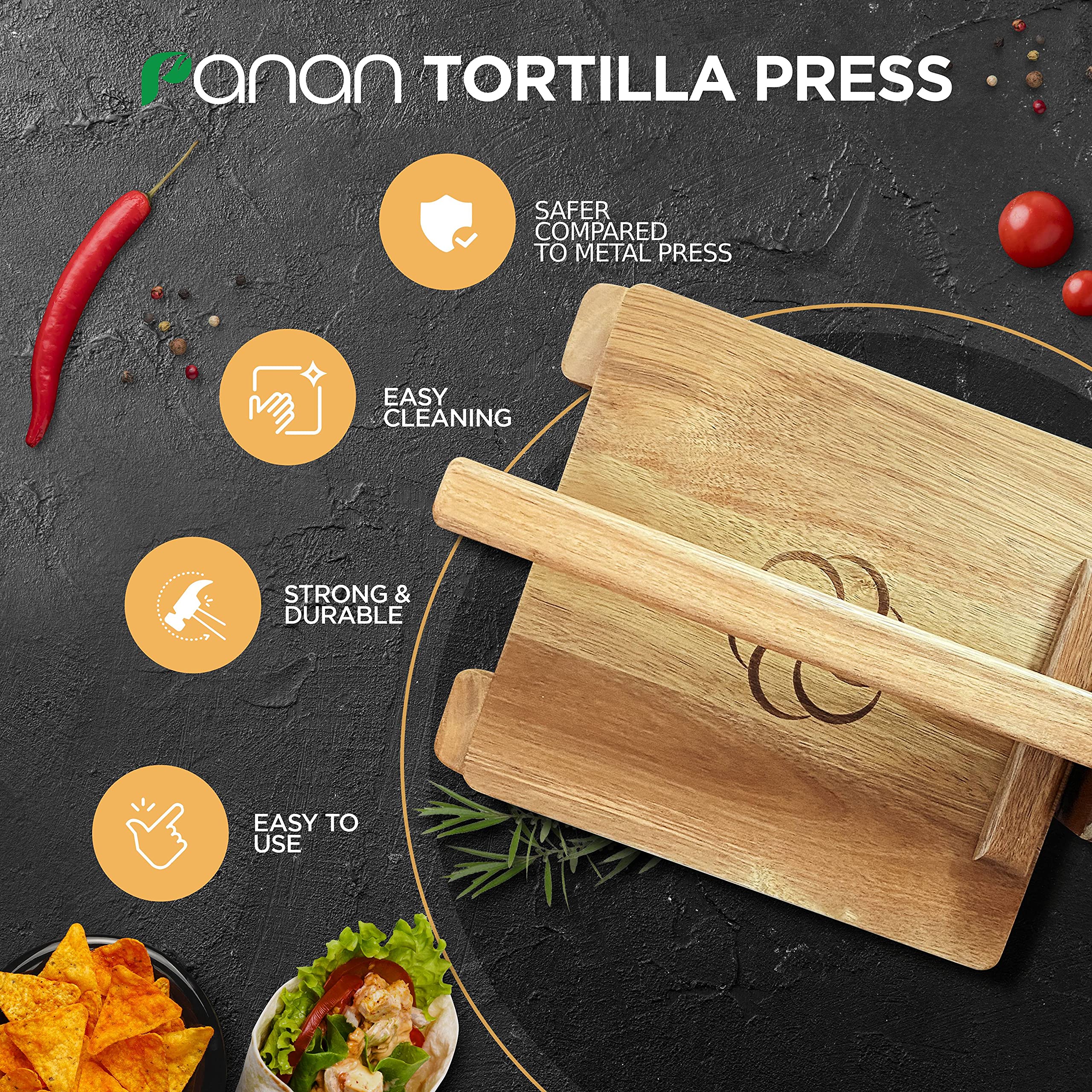 panan acacia press with ergonomic handle offers comfortable, left or right-handed use.