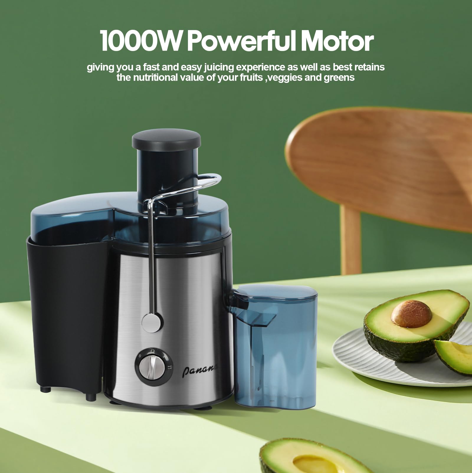 Panana juicer dual speed control for soft and hard produce.