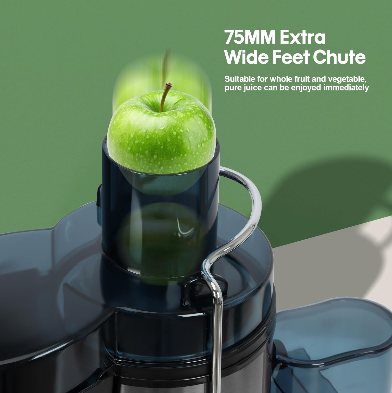 Panana juicer wide-mouth 3-inch feed for whole fruit.