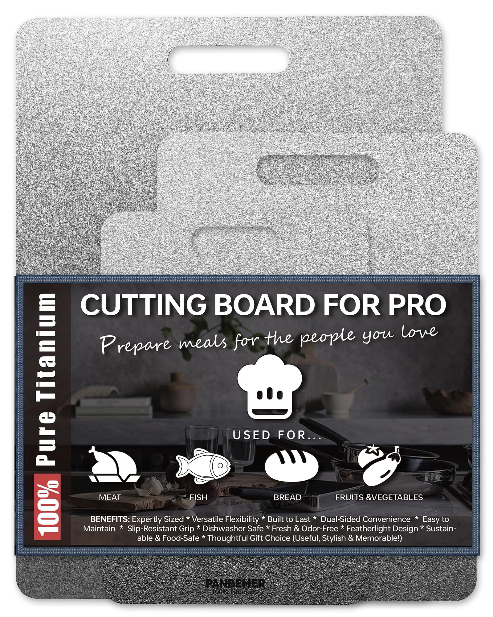 Panbemer titanium cutting board 10-inch with non-porous surface for quick cleanup.