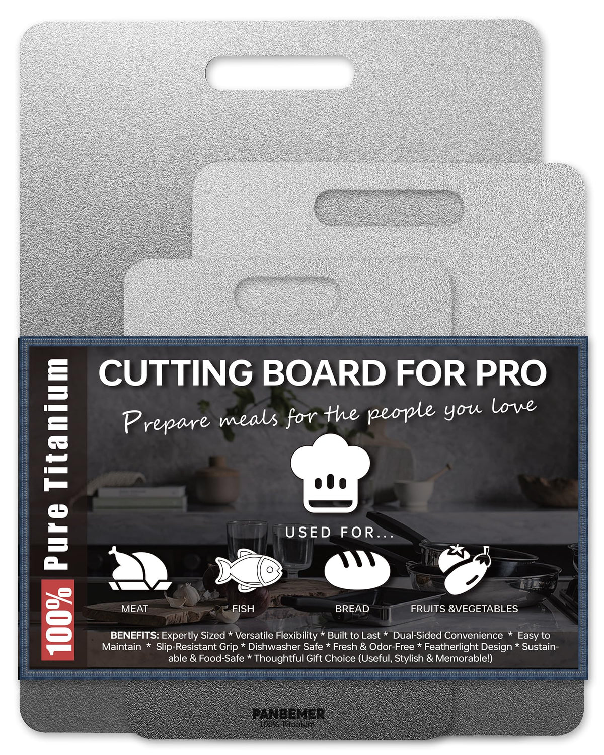Panbemer titanium cutting board 10-inch with non-porous surface for quick cleanup.