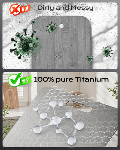 Panbemer titanium cutting board non-porous surface resists moisture.