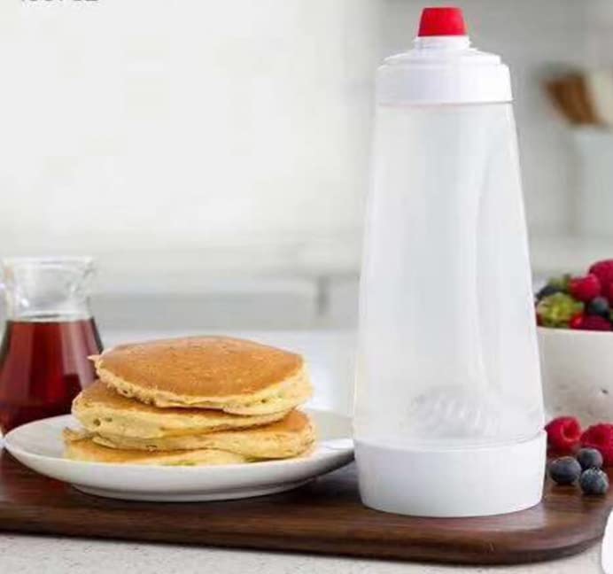 Pancake Batter Dispenser bottle setup demonstrates easy pour and comfortable grip.