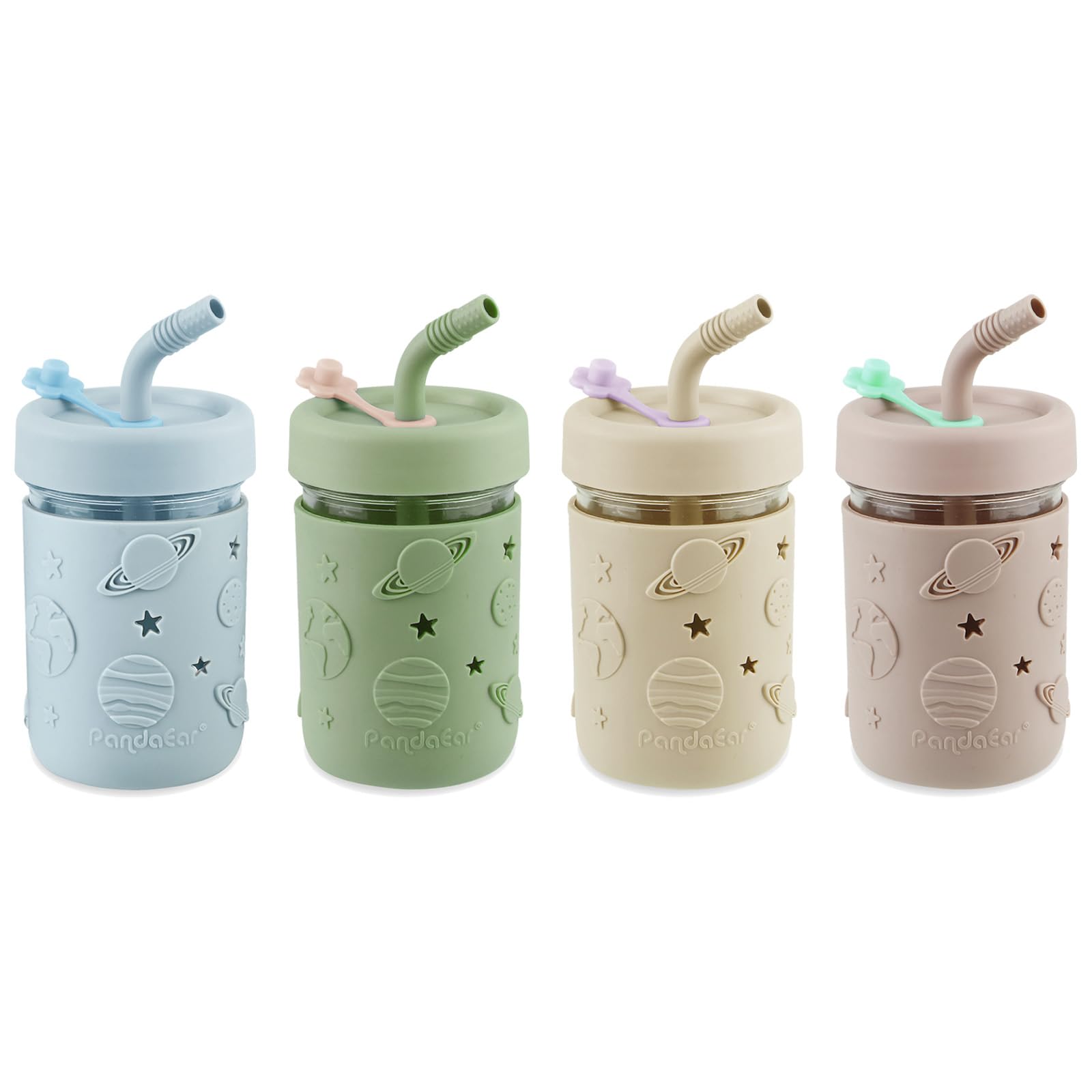 PandaEar kids glass mason jar cups with silicone sleeve for easy grip and spill protection.