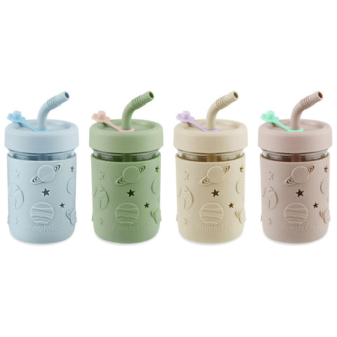 PandaEar kids glass mason jar cups with silicone sleeve for easy grip and spill protection.