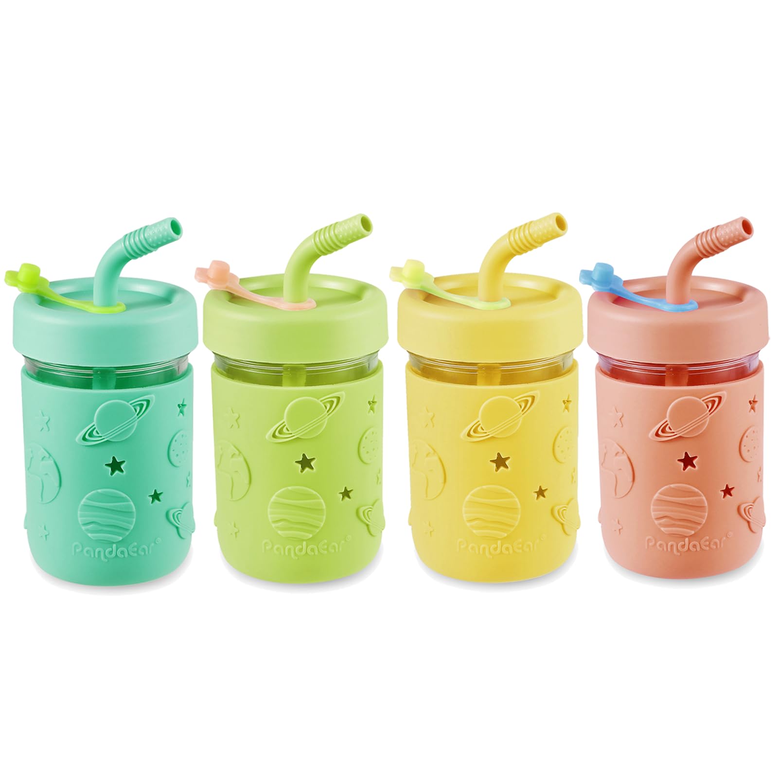 PandaEar kids glass cups with silicone sleeves four-pack for spill-free sipping