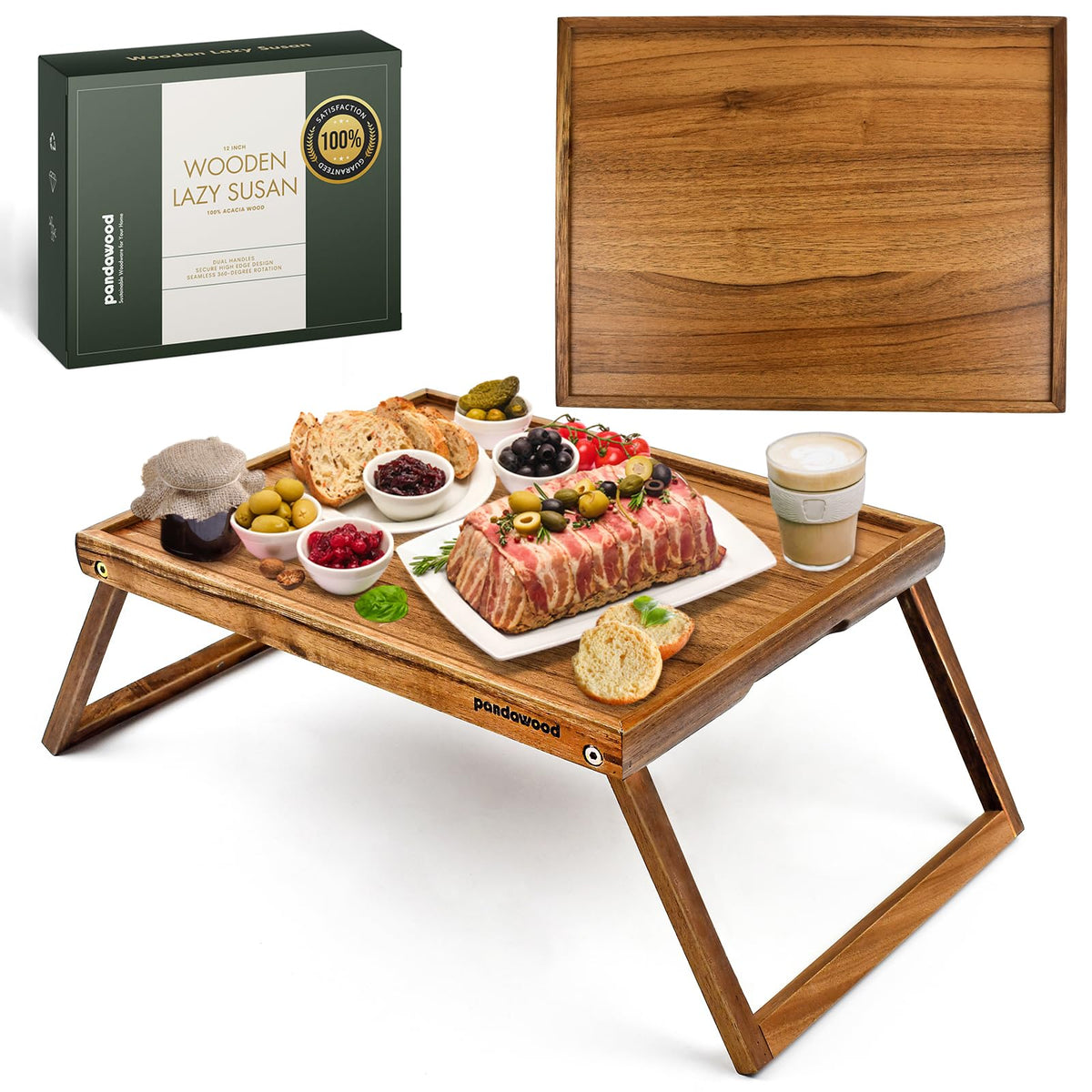 PANDAWOOD bed tray with folding legs in acacia wood offering stable breakfast in bed