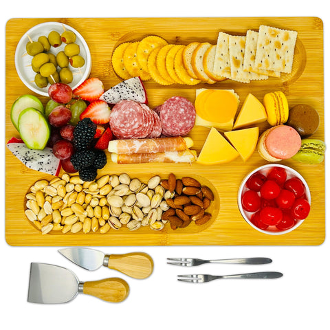 PandPal bamboo cheese board with cutouts for wine glasses, ideal for entertaining.