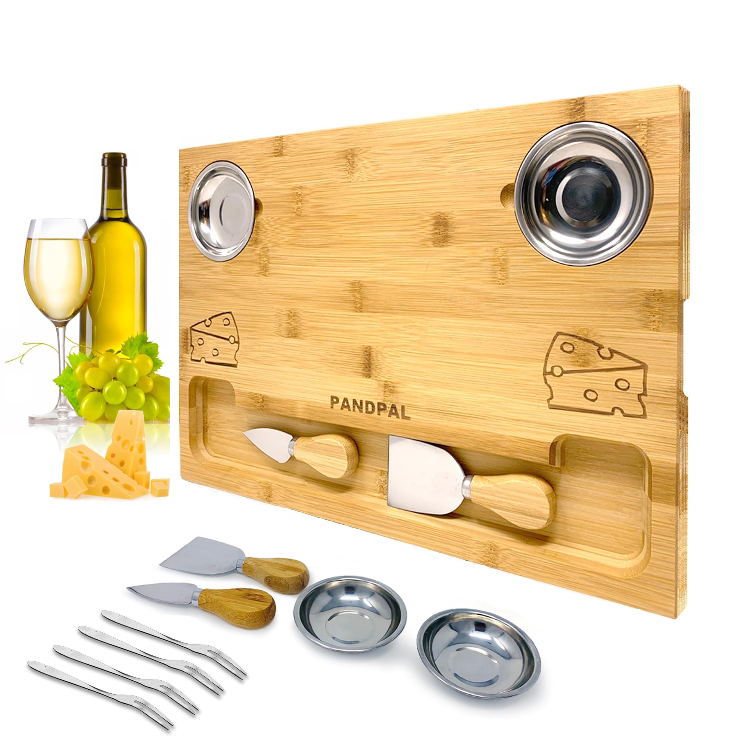 PandPal bamboo cheese board with knives and bowls for elegant tasting.