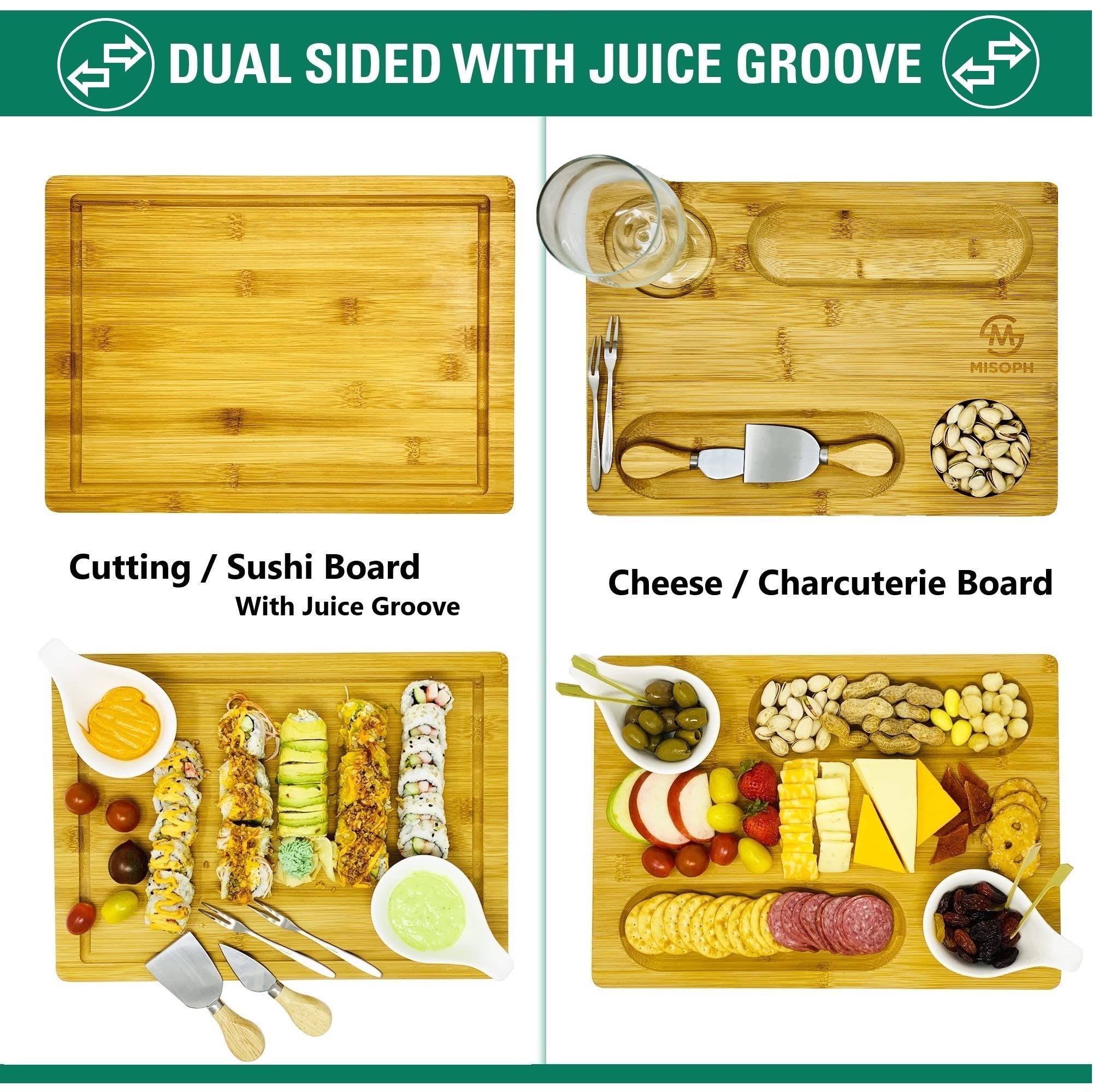 PandPal bamboo serving tray provides a large surface for crackers, fruits, and cheeses.