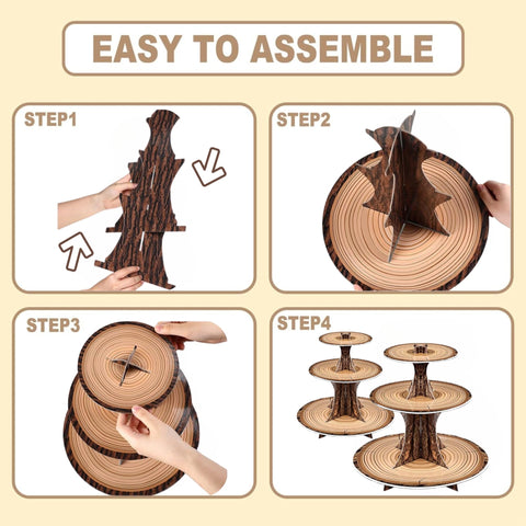 Pangu wood-grain cupcake stand highlights multi-tier desserts with rustic silhouette.