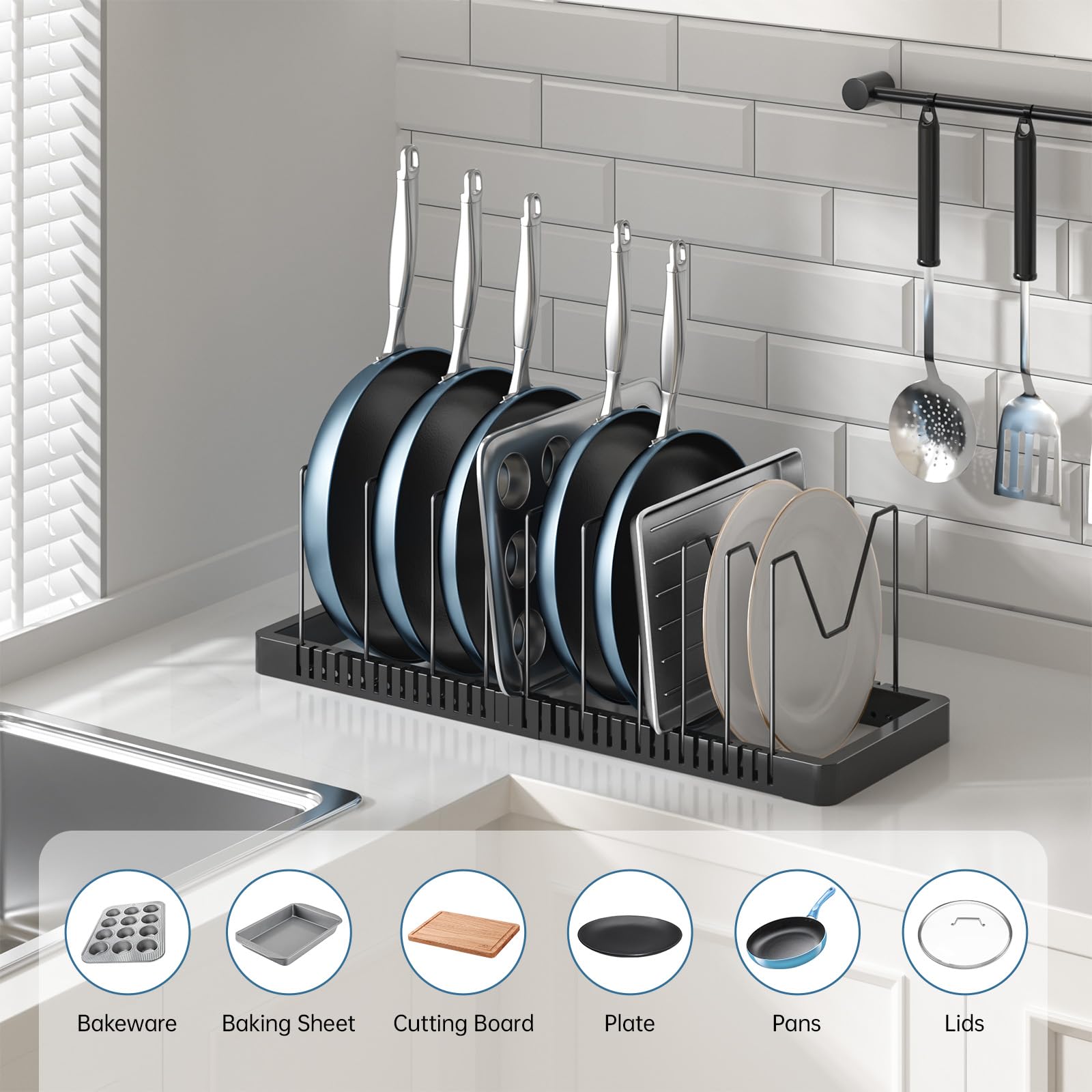 PanPanPal 10 adjustable dividers customize spacing for lids, pans, and bakeware.