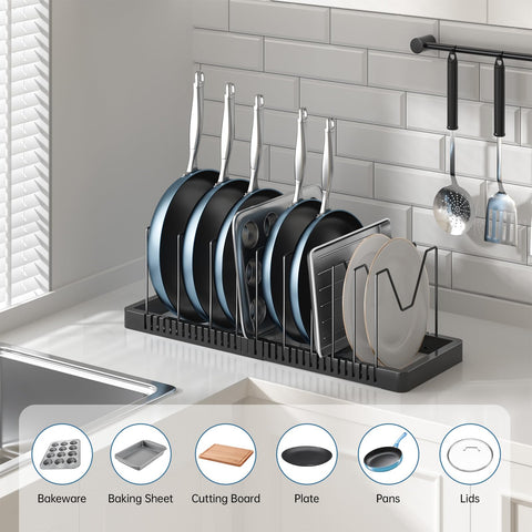 PanPanPal 10 adjustable dividers customize spacing for lids, pans, and bakeware.