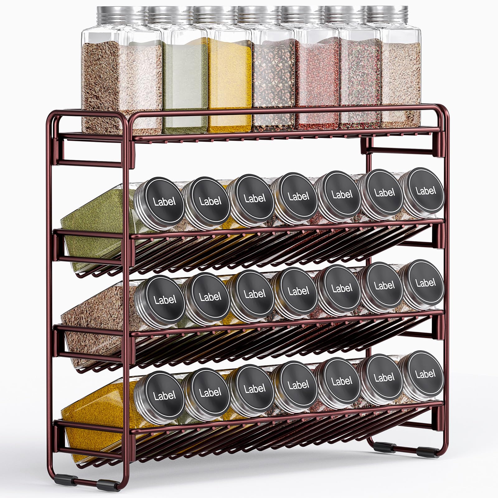 PanPanPal 4-Tier Spice Rack with tilted shelves keeps labels facing forward for quick access.