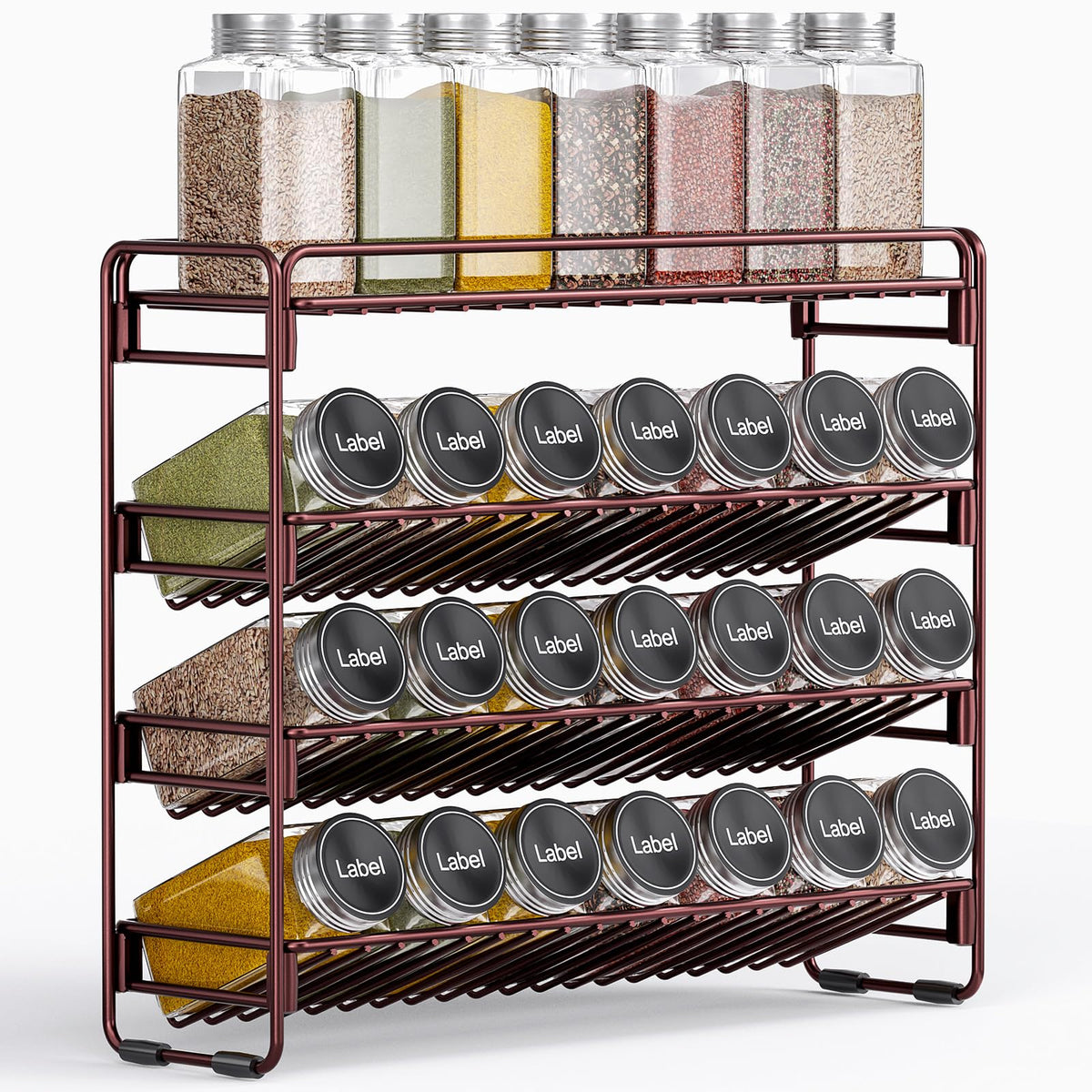PanPanPal 4-Tier Spice Rack with tilted shelves keeps labels facing forward for quick access.