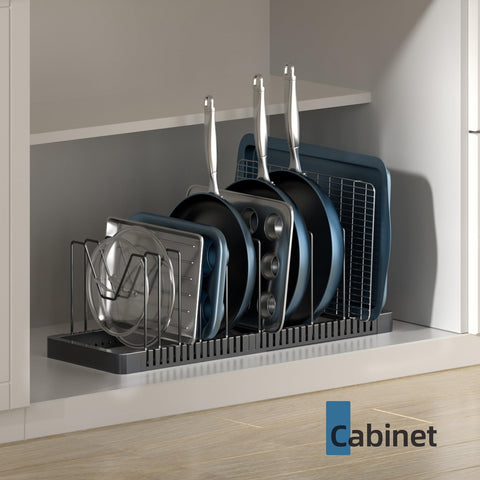PanPanPal anti-slip feet prevent shifting on slick cabinet shelves.