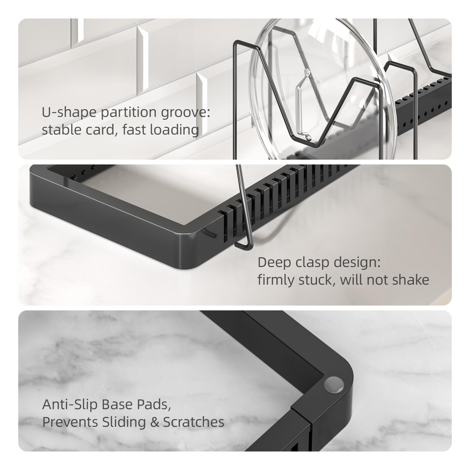 PanPanPal deep U-groove keeps lids stable during slide-in placement.