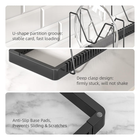 PanPanPal deep U-groove keeps lids stable during slide-in placement.