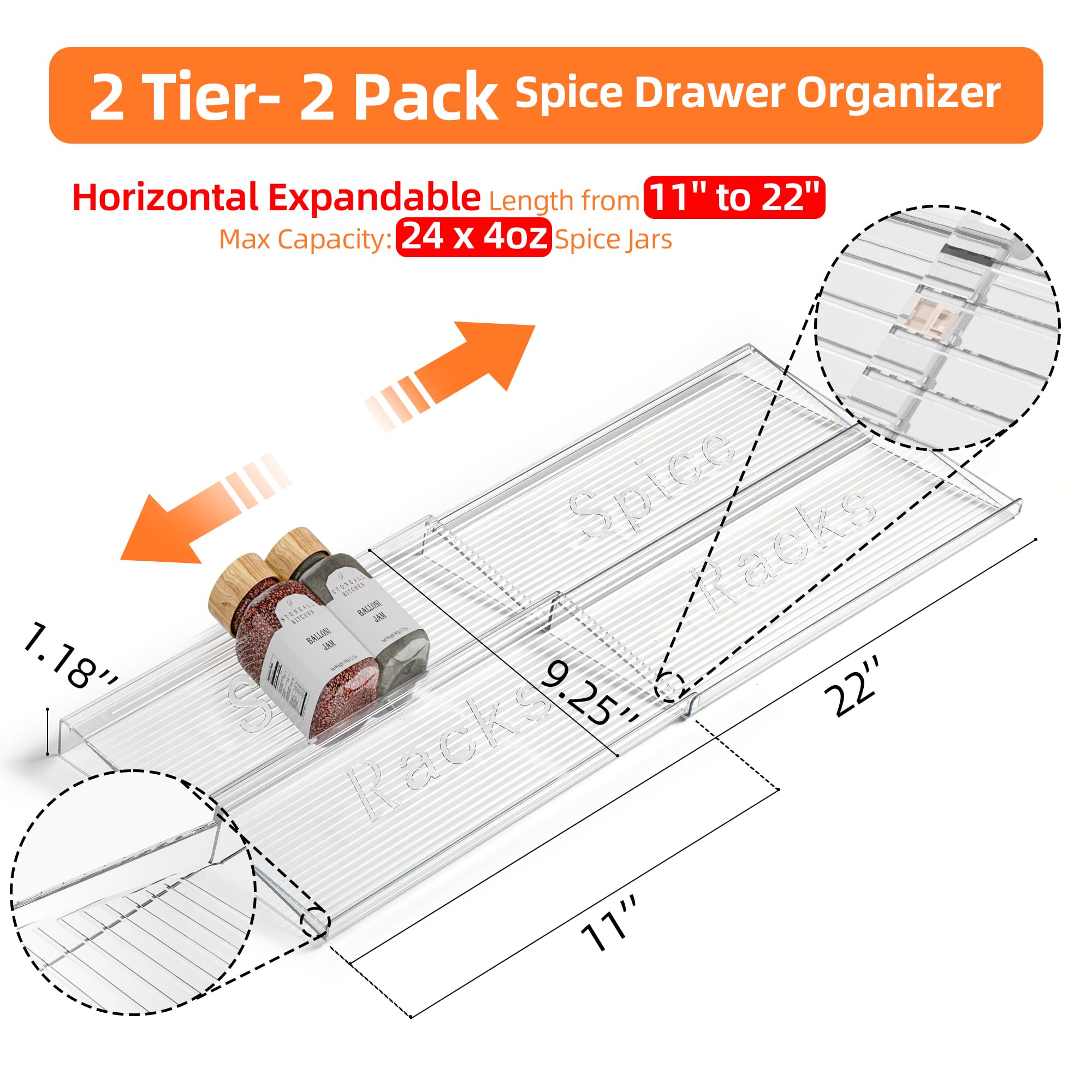 PanPanPal spice drawer expands to fit 11–22 inch drawers.