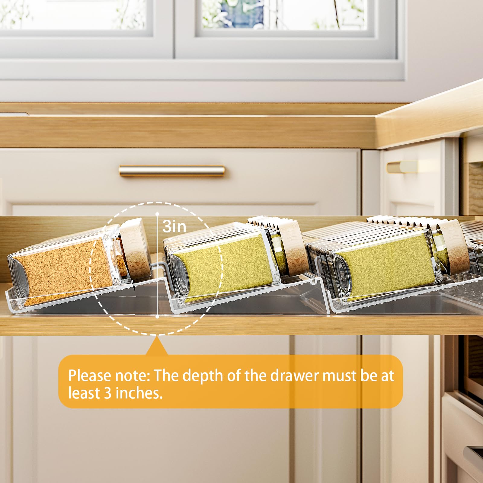 Pantasia Clear acrylic spice drawer offers visible labels for quick access.