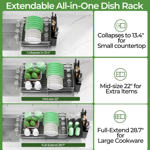 Pantasia extendable rack shows three sections for plates and bowls