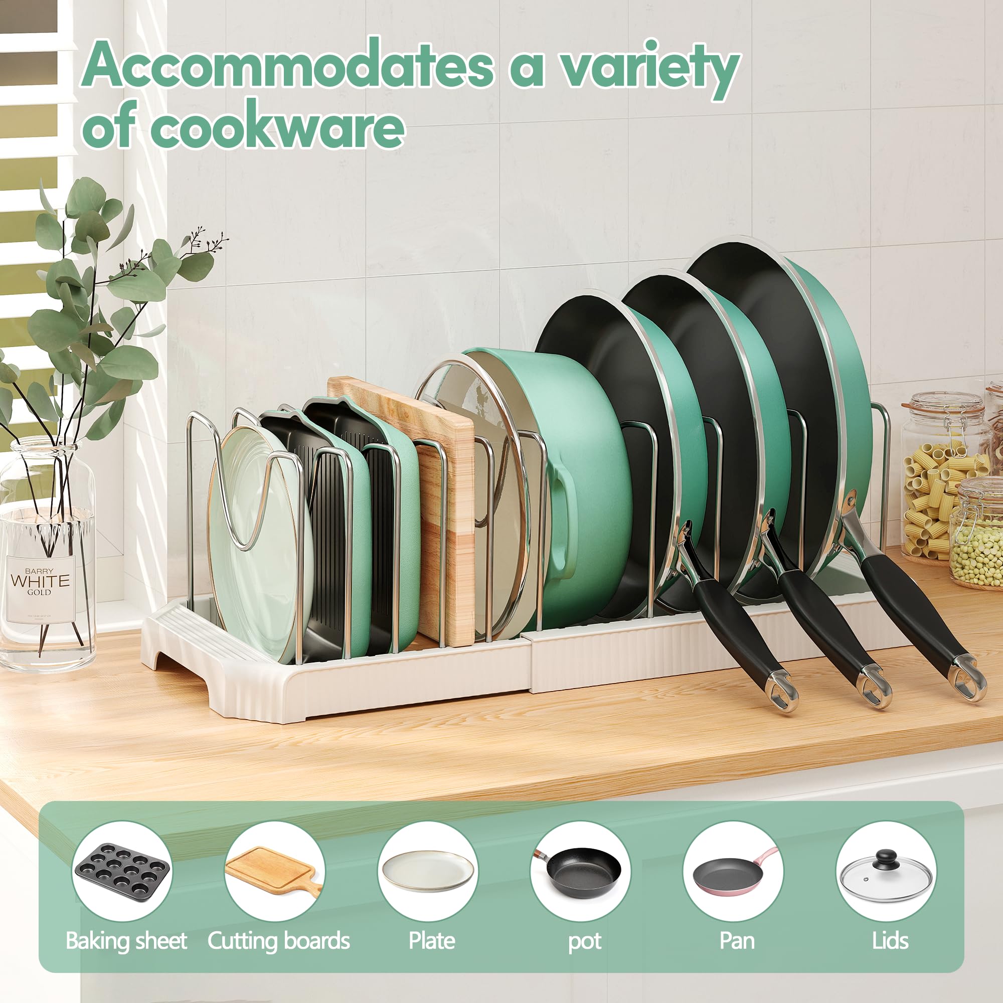 Pantasia expandable cabinet organizer fits a variety of cookware sizes