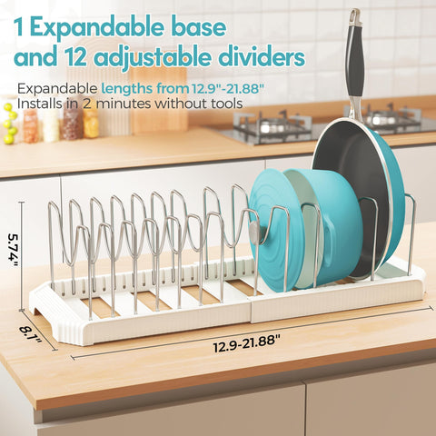 Expandable 12-divider system keeps pots, pans, and lids organized