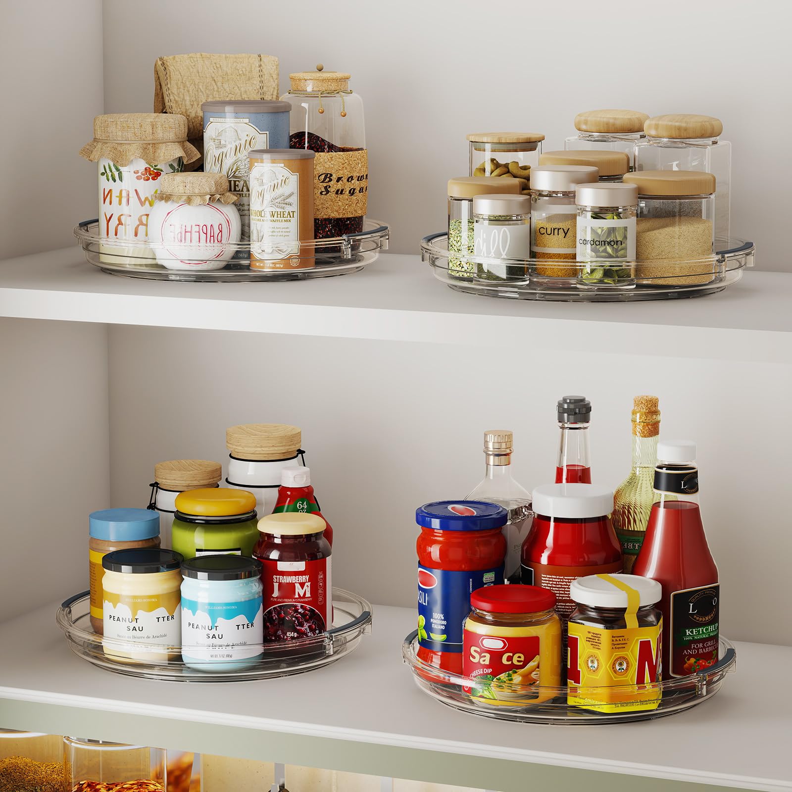 Pantasia Lazy Susan in cabinet corner demonstrates easy access to spices and bottles.