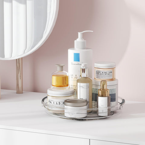 Pantasia Lazy Susan organizer in bathroom cabinet for organized essentials.