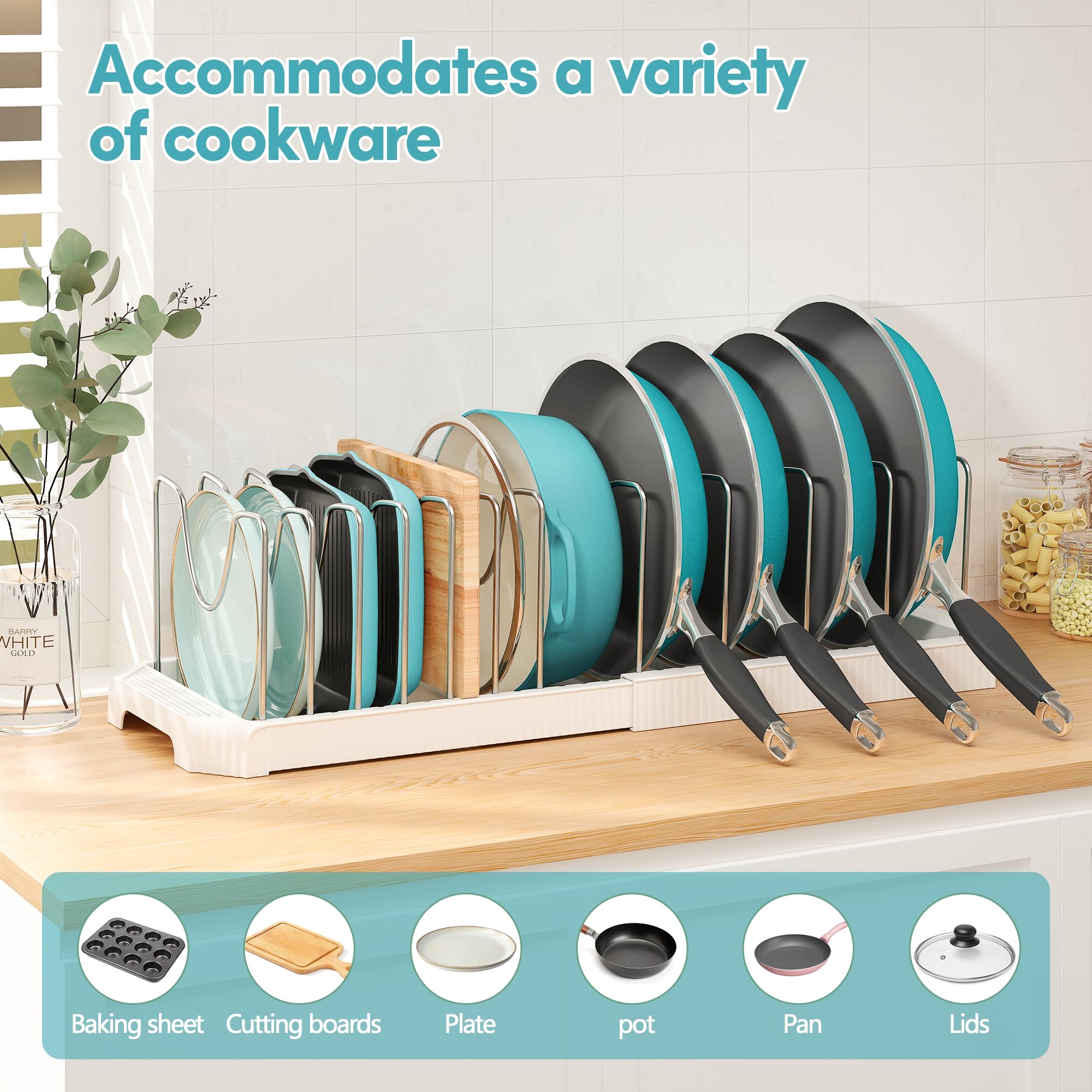 Pantasia pot lid rack in cabinet keeps lids within reach